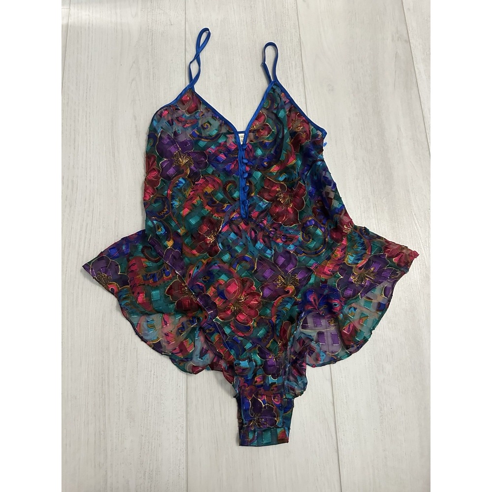 Vintage Victoria's Secret GOLD LABEL Lingerie Teddy Sz S Colorful Floral Sheer